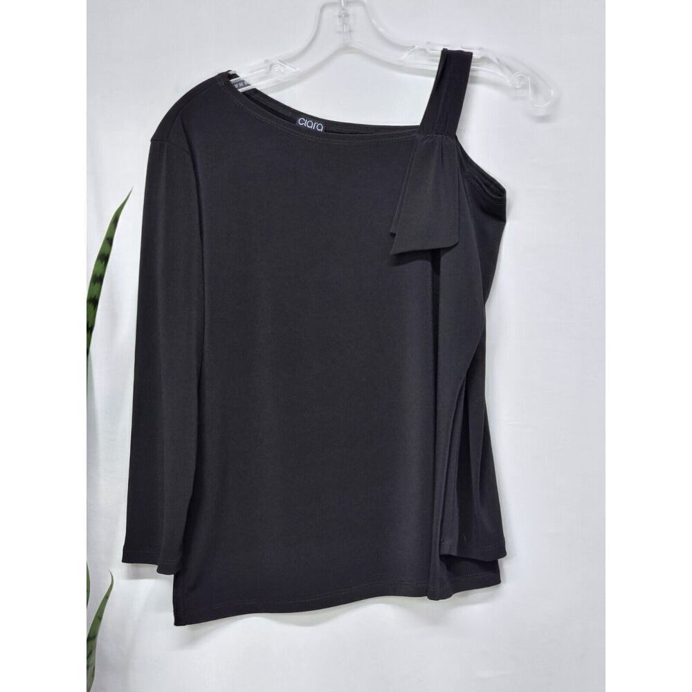 CLARA SUN WOO PEEKABOO SHOULDER DRAPED 3/4 SLEEVE BLACK TOP SIZE SMALL